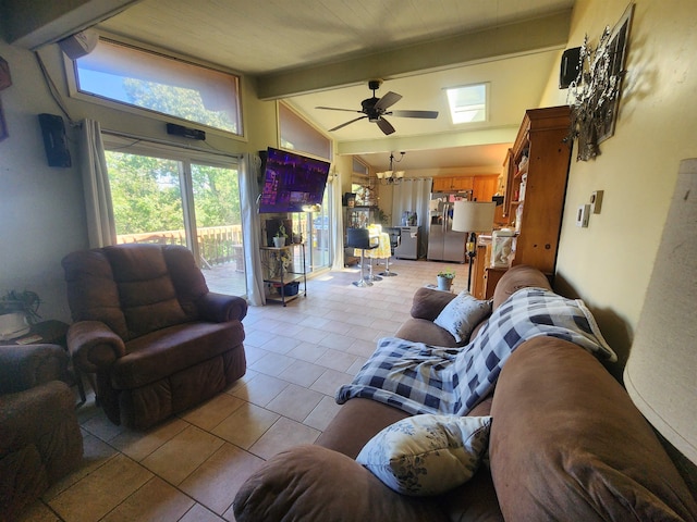 tiled living room with high vaulted ceiling, beam ceiling, and ceiling fan