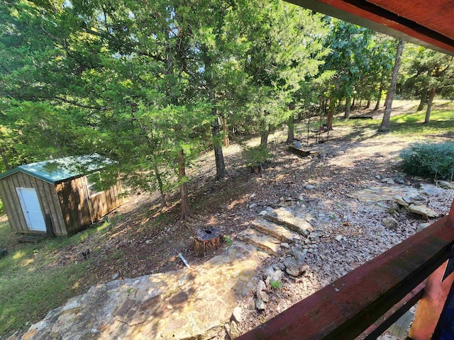 view of yard with a storage shed