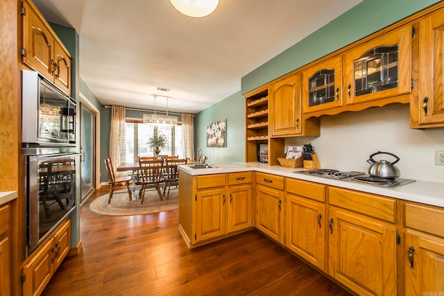 kitchen with kitchen peninsula, pendant lighting, stainless steel appliances, dark hardwood / wood-style floors, and sink