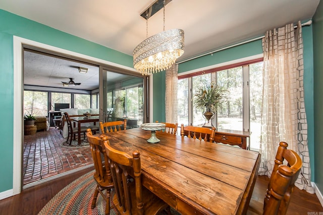 dining area featuring ceiling fan with notable chandelier, dark hardwood / wood-style flooring, and a wealth of natural light