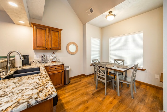 kitchen featuring light stone countertops, sink, lofted ceiling, and dark wood-type flooring