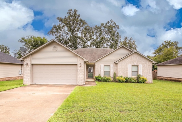 ranch-style house with a front yard and a garage