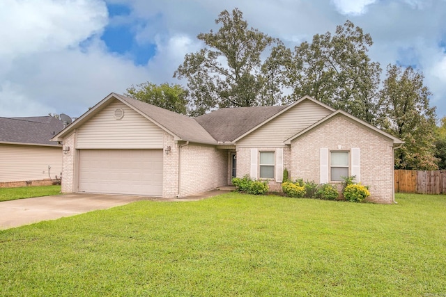 ranch-style house with a garage and a front lawn