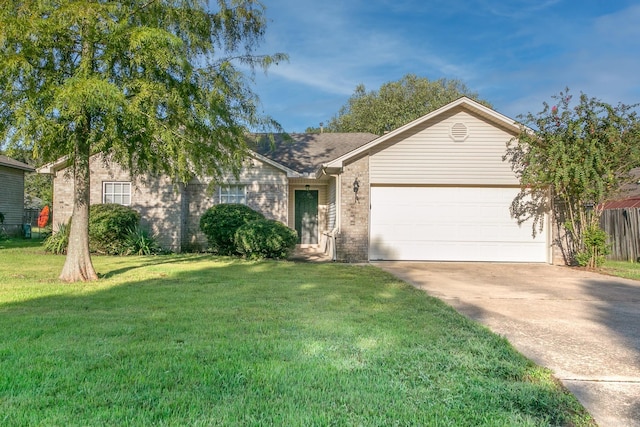 single story home with a garage and a front lawn