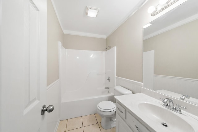 full bathroom with vanity, toilet, ornamental molding,  shower combination, and tile patterned flooring