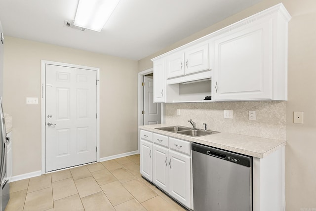 kitchen featuring stainless steel dishwasher, white cabinetry, sink, and tasteful backsplash