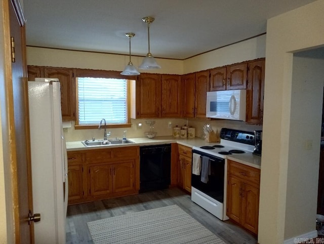 kitchen featuring hardwood / wood-style flooring, decorative light fixtures, sink, and white appliances