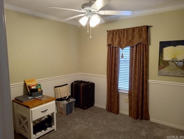 misc room featuring ceiling fan, carpet floors, crown molding, and a textured ceiling