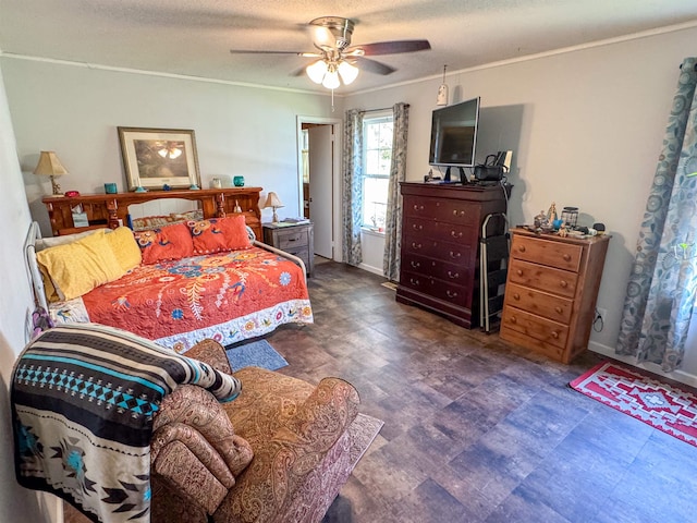 bedroom featuring a textured ceiling, crown molding, and ceiling fan