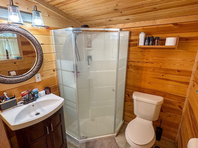 bathroom with vanity, wood ceiling, wood walls, and an enclosed shower