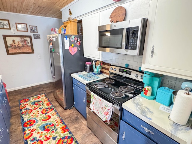 kitchen featuring appliances with stainless steel finishes, white cabinets, tasteful backsplash, blue cabinetry, and wooden ceiling