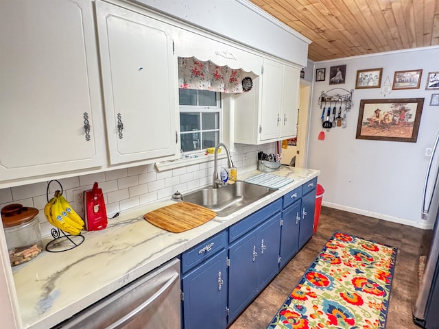 kitchen with white cabinets, wood ceiling, sink, backsplash, and blue cabinetry