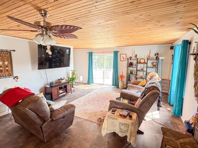 living room with ceiling fan and wooden ceiling