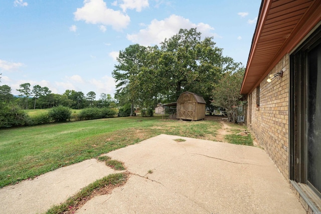 view of patio with a shed