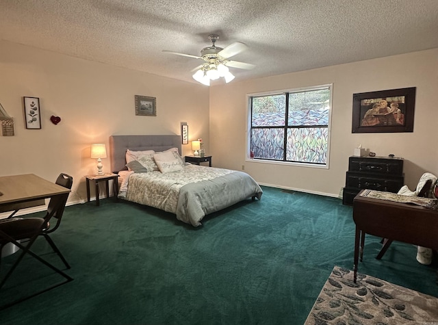 3409 Ramsgate, Fort Smith, AR 72908 - bedroom featuring baseboards, dark colored carpet, ceiling fan, and a textured ceiling