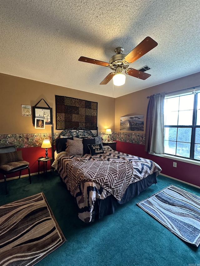 3409 Ramsgate, Fort Smith, AR 72908 - bedroom with carpet flooring, a textured ceiling, baseboards, visible vents, and ceiling fan