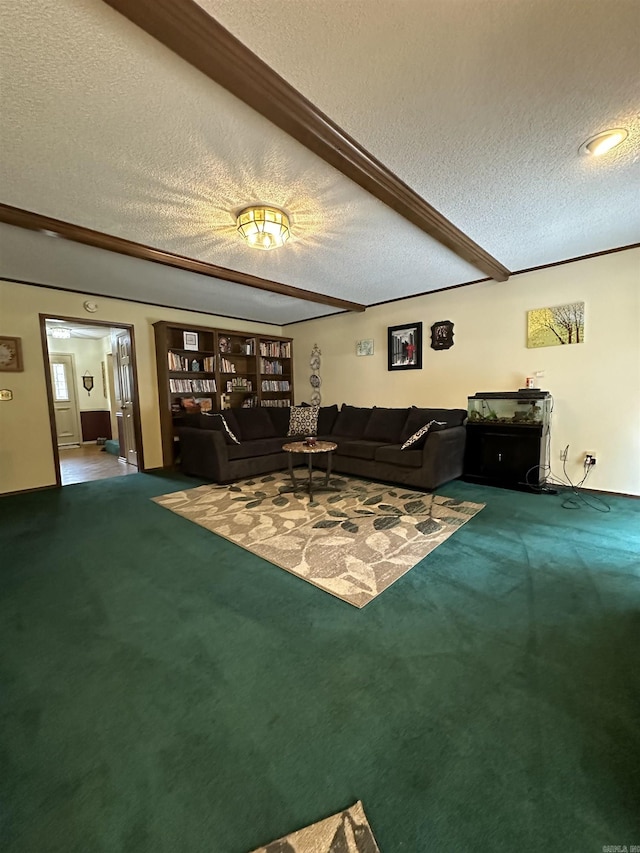 3409 Ramsgate, Fort Smith, AR 72908 - carpeted living room with beamed ceiling and a textured ceiling