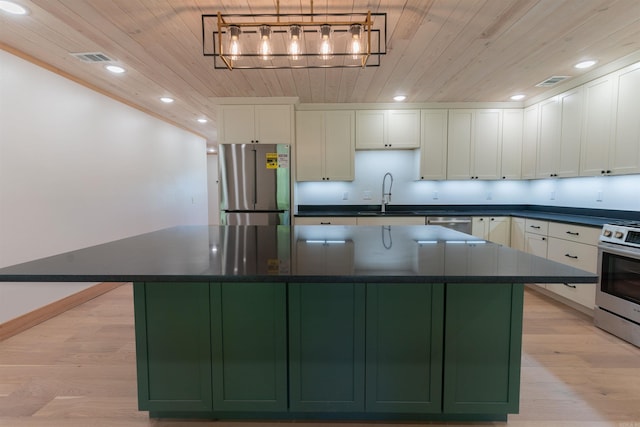 kitchen with appliances with stainless steel finishes, wooden ceiling, and light wood-type flooring