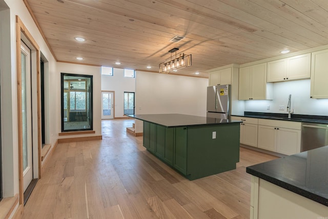 kitchen with sink, decorative light fixtures, stainless steel appliances, and wood ceiling