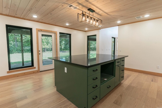 kitchen with light hardwood / wood-style flooring, a center island, and wooden ceiling