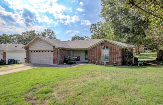 ranch-style house with a garage and a front yard