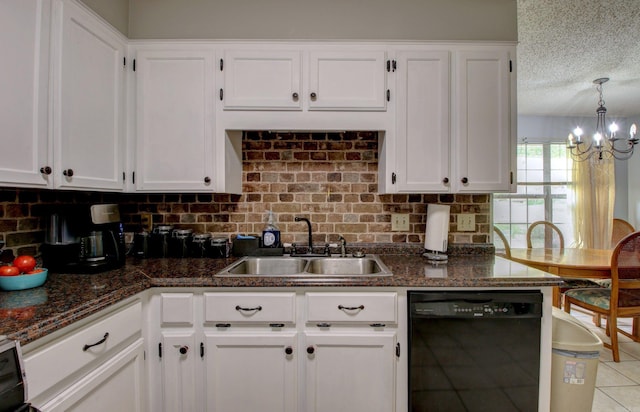 kitchen featuring white cabinets, black dishwasher, a textured ceiling, sink, and a notable chandelier