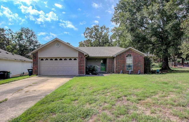 single story home with a garage and a front lawn