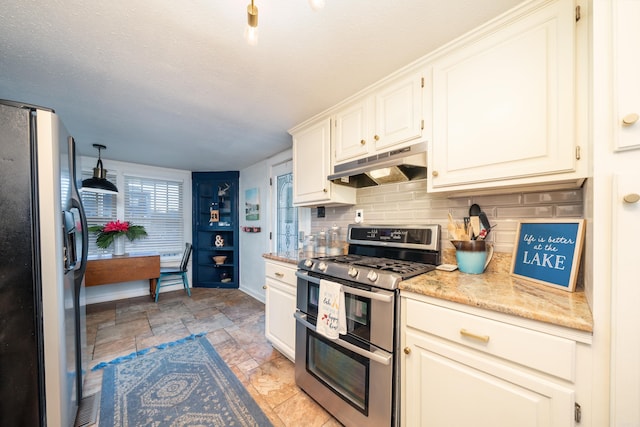 301 Kleinshore # 8, Hot Springs, AR 71913 - kitchen with range with two ovens, refrigerator with ice dispenser, under cabinet range hood, light stone finish flooring, and backsplash