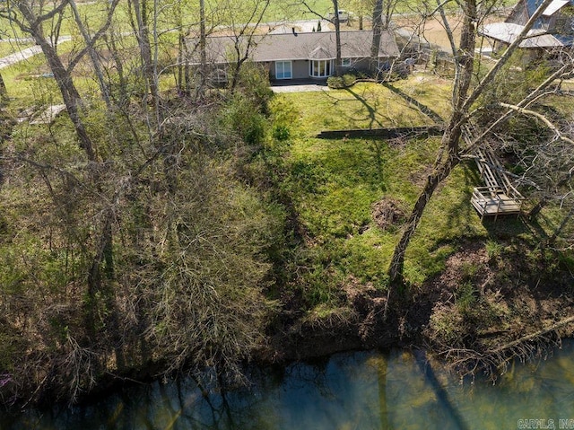 aerial view featuring a water view