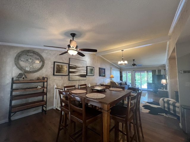dining room featuring vaulted ceiling with beams, a textured ceiling, wood finished floors, and ceiling fan with notable chandelier