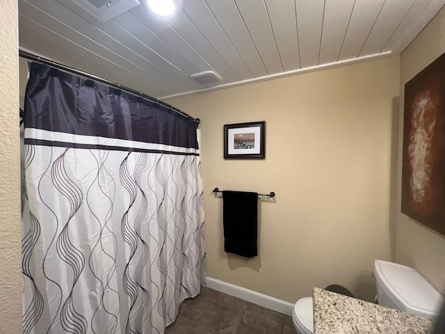 bathroom with vanity, wood ceiling, toilet, a shower with curtain, and tile patterned flooring