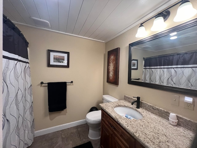 bathroom featuring vanity, wooden ceiling, tile patterned flooring, toilet, and a shower with curtain