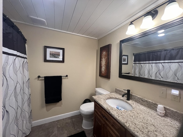 bathroom featuring vanity, curtained shower, toilet, baseboards, and wooden ceiling
