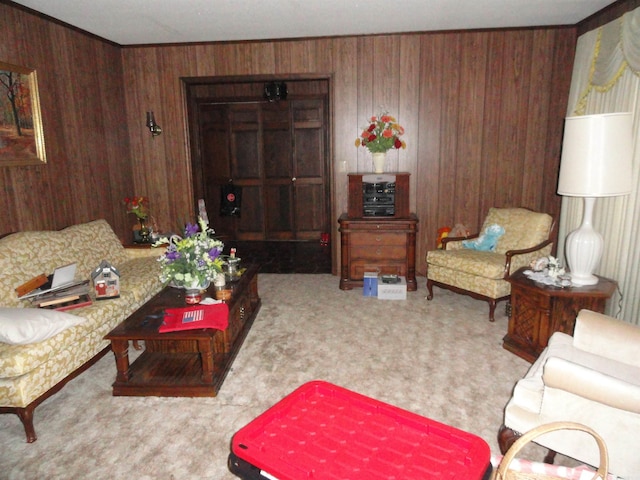 living room featuring wooden walls