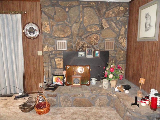 living room with wooden walls