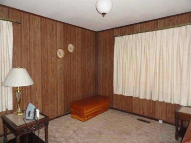 living room featuring wood walls