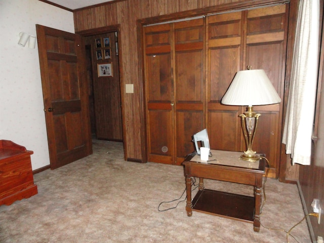 office area featuring ornamental molding and light colored carpet