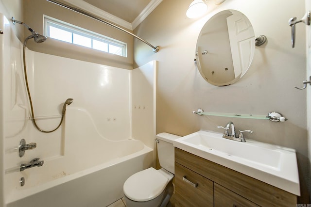 full bathroom with crown molding, vanity, toilet, and bathtub / shower combination