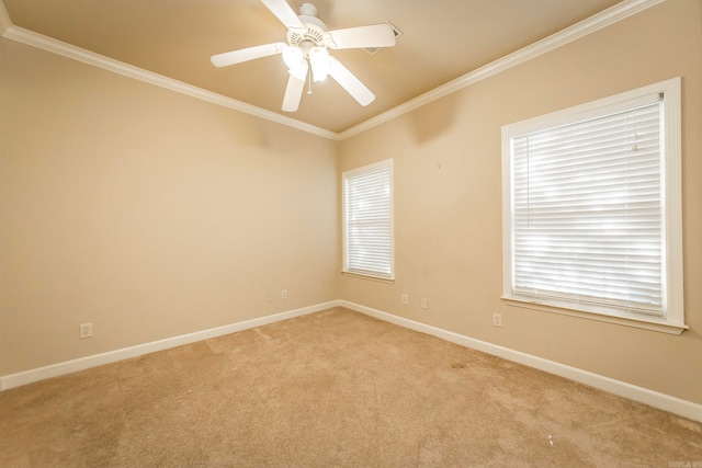 carpeted empty room featuring crown molding, ceiling fan, and plenty of natural light