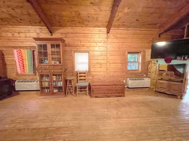 living area featuring wood ceiling, wood-type flooring, beam ceiling, and wood walls