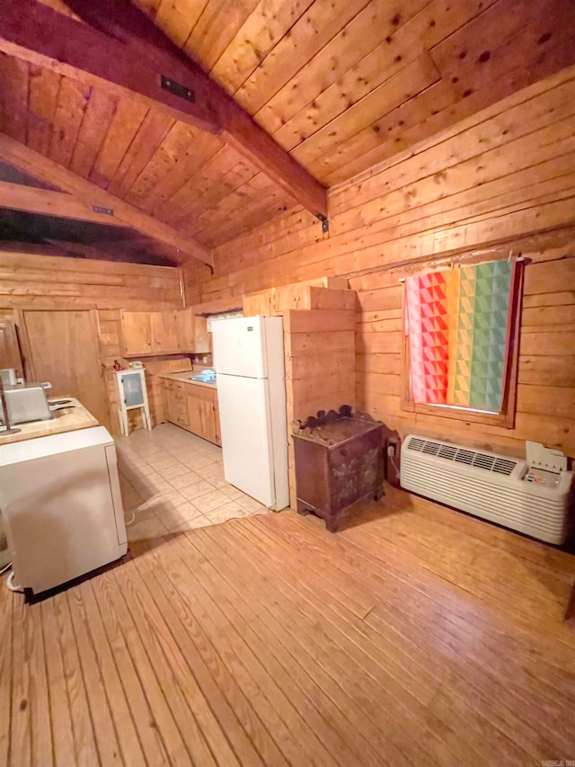 bonus room with vaulted ceiling with beams, wooden walls, light hardwood / wood-style floors, and wooden ceiling