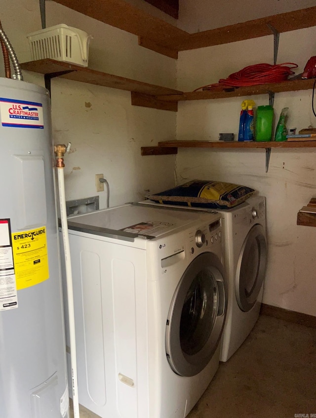 laundry area featuring water heater and washer and dryer