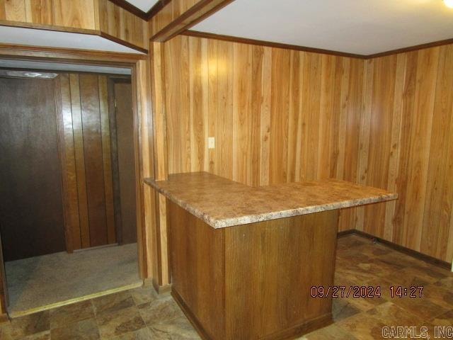 bar featuring wooden walls and ornamental molding