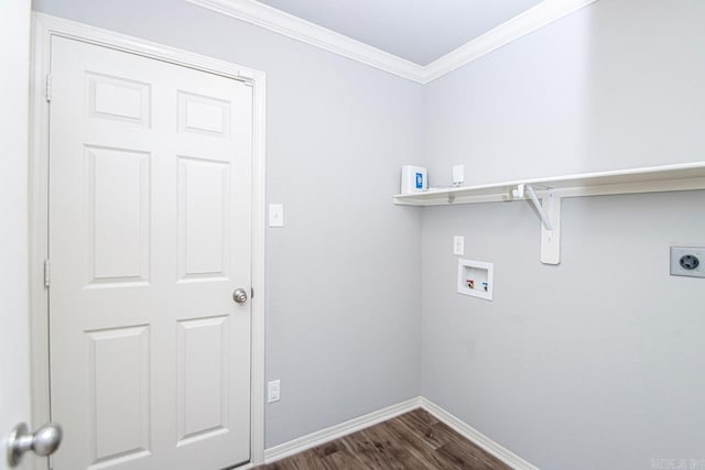 clothes washing area with hookup for a washing machine, crown molding, dark hardwood / wood-style floors, and hookup for an electric dryer