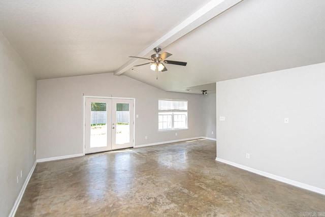 unfurnished room with vaulted ceiling with beams, ceiling fan, and french doors