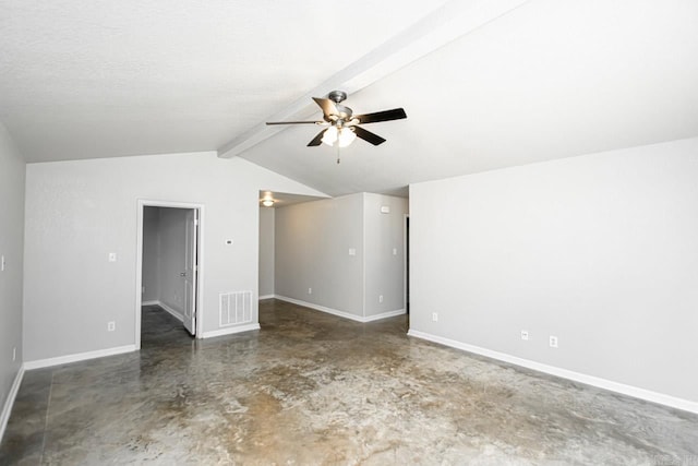 empty room with ceiling fan and lofted ceiling with beams