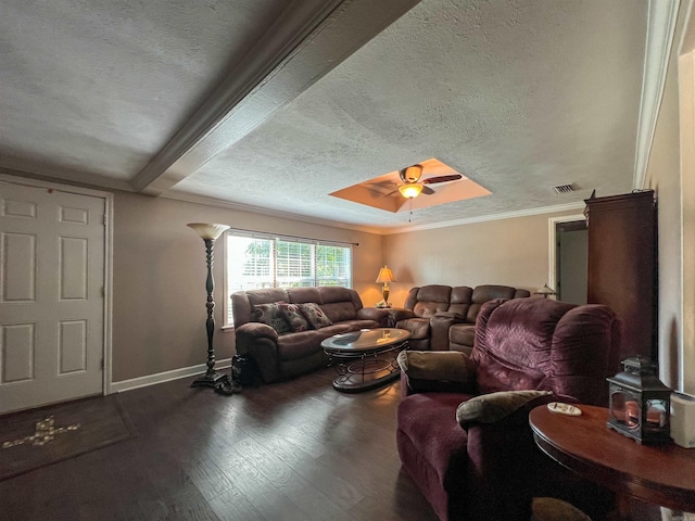 living room featuring a textured ceiling, crown molding, ceiling fan, and hardwood / wood-style flooring