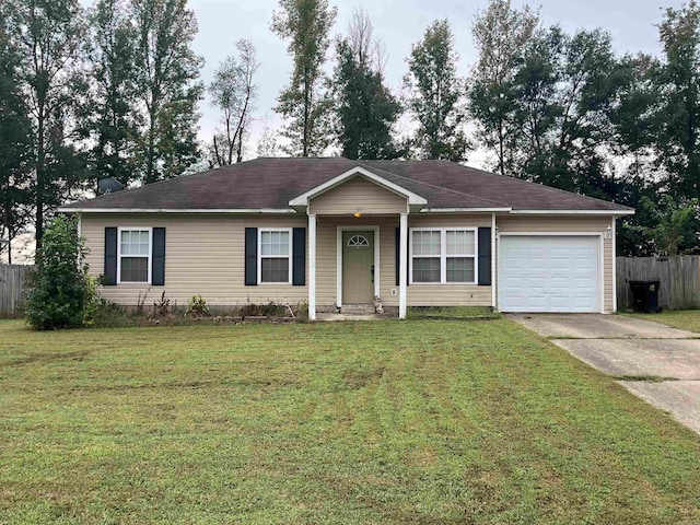 ranch-style house with a front yard and a garage