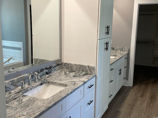 bathroom with wood-type flooring, vanity, and a bathing tub