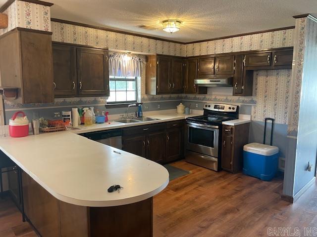 kitchen with sink, kitchen peninsula, stainless steel electric range, dark brown cabinets, and dark hardwood / wood-style floors